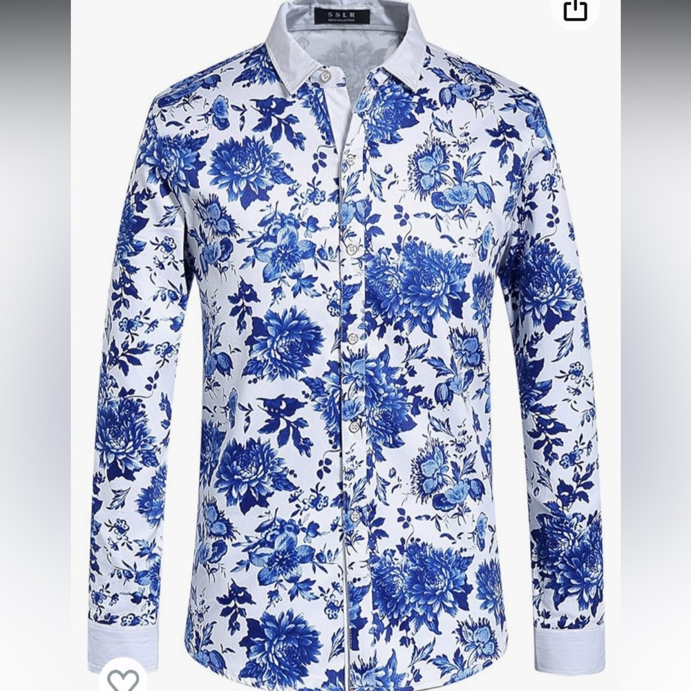 SSLR Mens Floral Long Sleeve Blue Hawaiian Shirt💙 2 XL